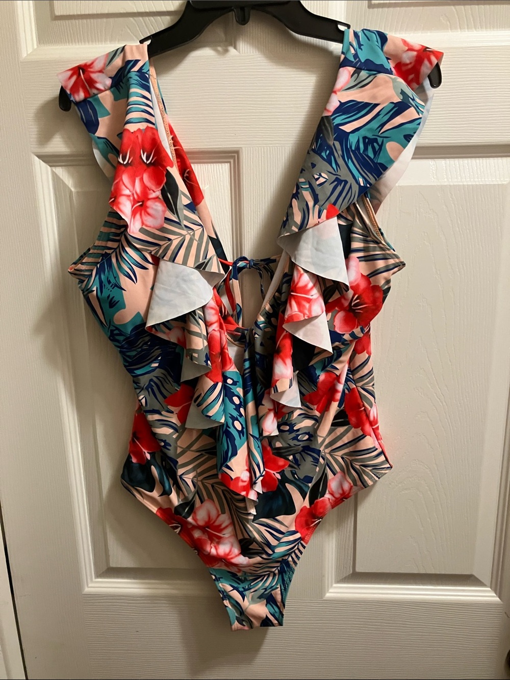 Ruffled Tropical Floral One-Piece Swimsuit - Pink/Blue
